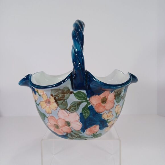 Ruffled Ceramic Basket Handcrafted Blue White Pink Floral Twisted Handle - Picture 3 of 11